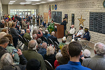 Peace Memorial Auditorium Interior, 2014.Jim Sharp speaks during dedication.